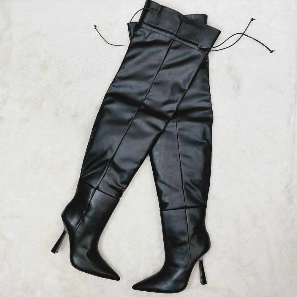 Good American Carla Over The Knee OTK Boots 7.5 Black Slouchy Thigh High Heel
